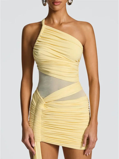 Yellow One Shoulder Mesh Waist Cut Out Ruched Side Sash Bodycon Mini Dress