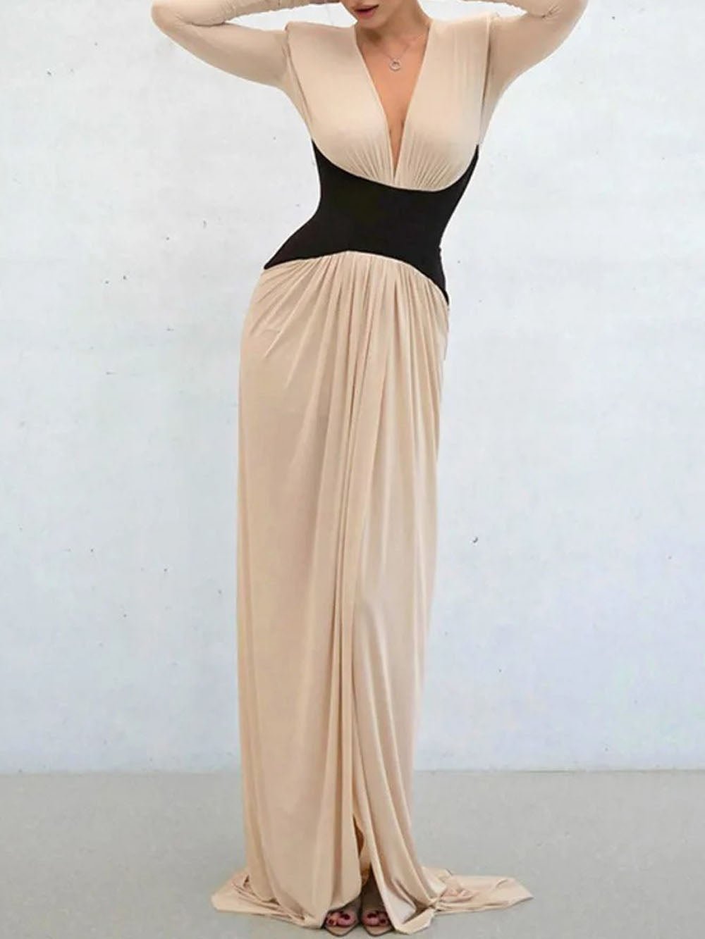 Beige Long Sleeve Deep V-Neck Wide Waist Band High Split Maxi Dress