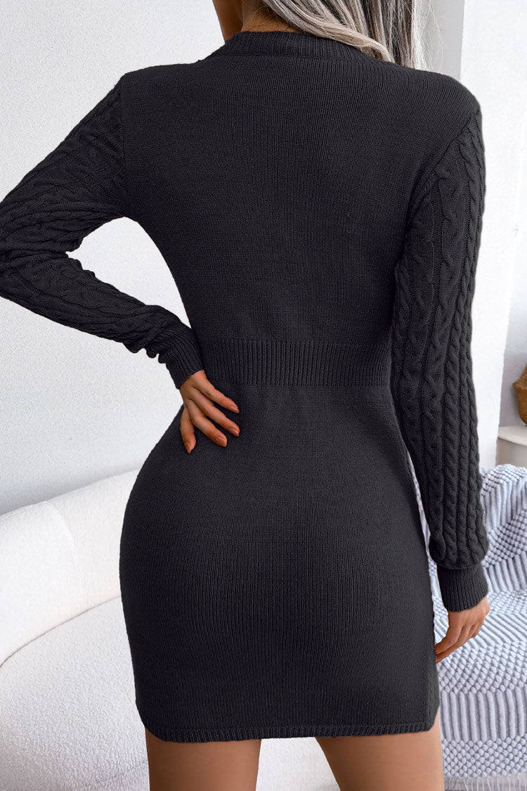 Cable Knit Chest Cutout Ribbed Waist Long Sleeve Bodycon Mini Dress