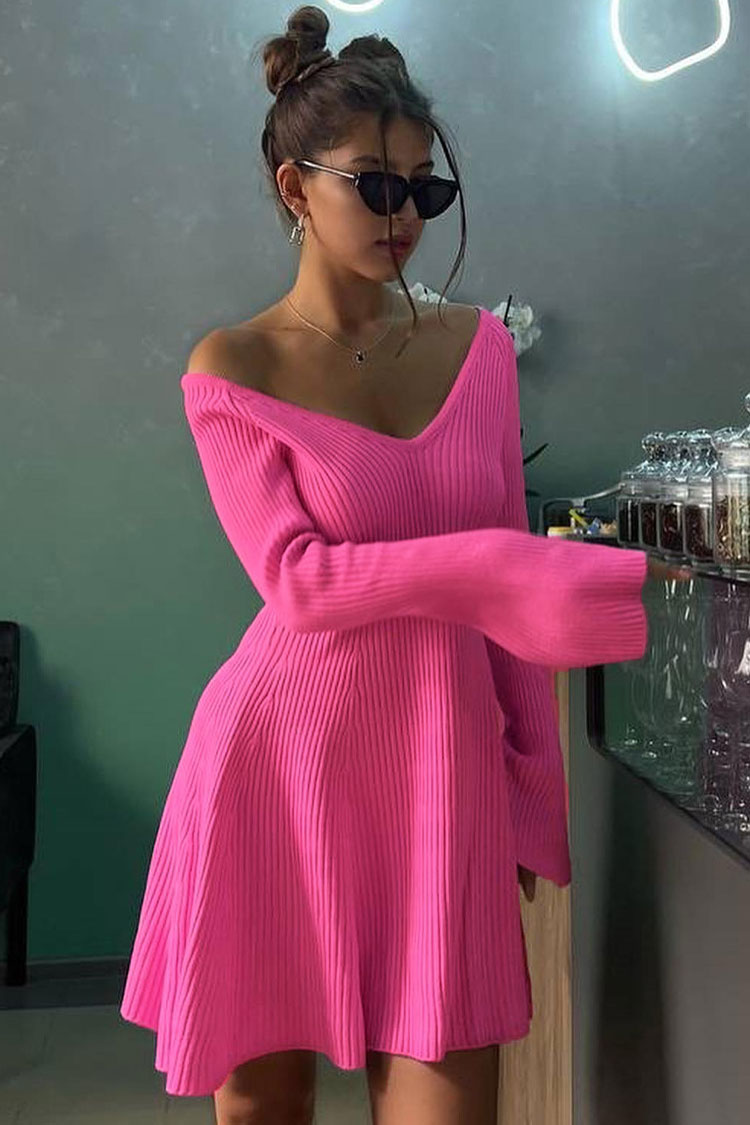 Ribbed Knit Deep V-Neck Off Shoulder Long Sleeve Fit and Flare Mini Dress