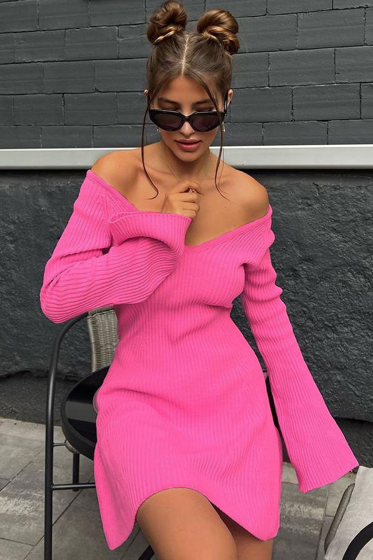 Ribbed Knit Deep V-Neck Off Shoulder Long Sleeve Fit and Flare Mini Dress