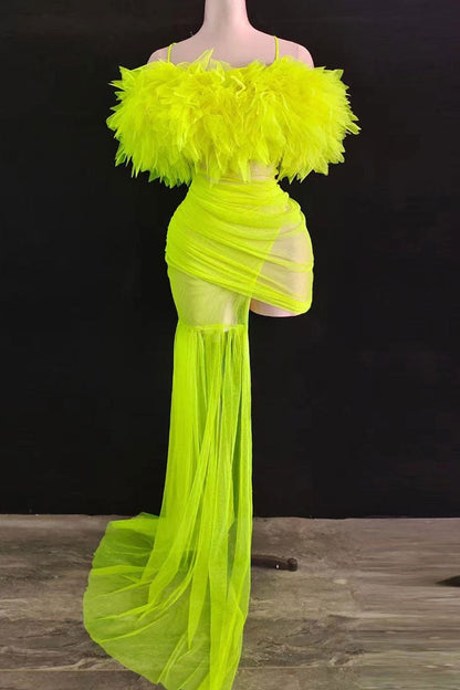 Off-Shoulder Feather Ruffle Ruched Mesh Glove Sleeve Train Mini Dress