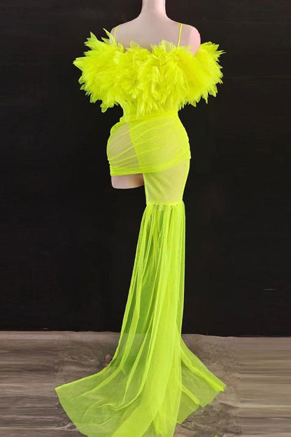Off-Shoulder Feather Ruffle Ruched Mesh Glove Sleeve Train Mini Dress