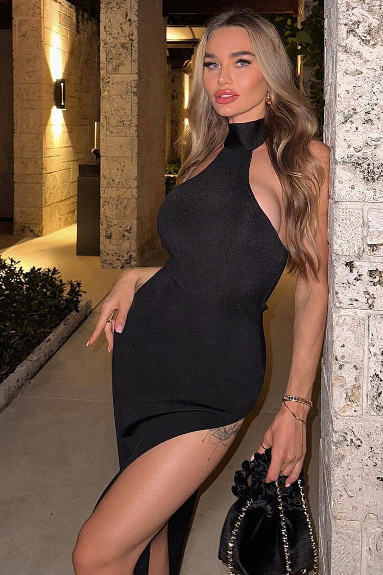 Halter Neck Sleeveless Double High Split Bodycon Maxi Dress
