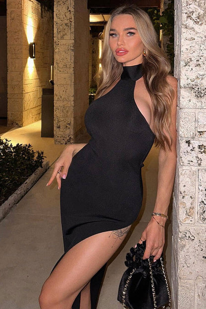 Halter Neck Sleeveless Double High Split Bodycon Maxi Dress