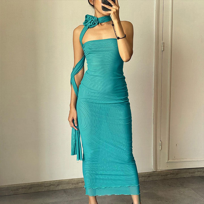 Strapless Mesh Ruched Marbled Print Rosette Choker Maxi Dress