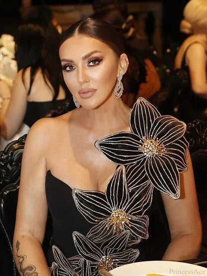 Sexy One Shoulder Sleeveless Diamonds Flower Bandage Black High Slit Party Dress
