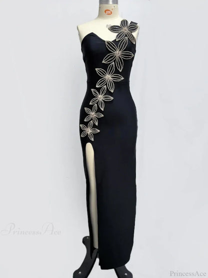 Sexy One Shoulder Sleeveless Diamonds Flower Bandage Black High Slit Party Dress