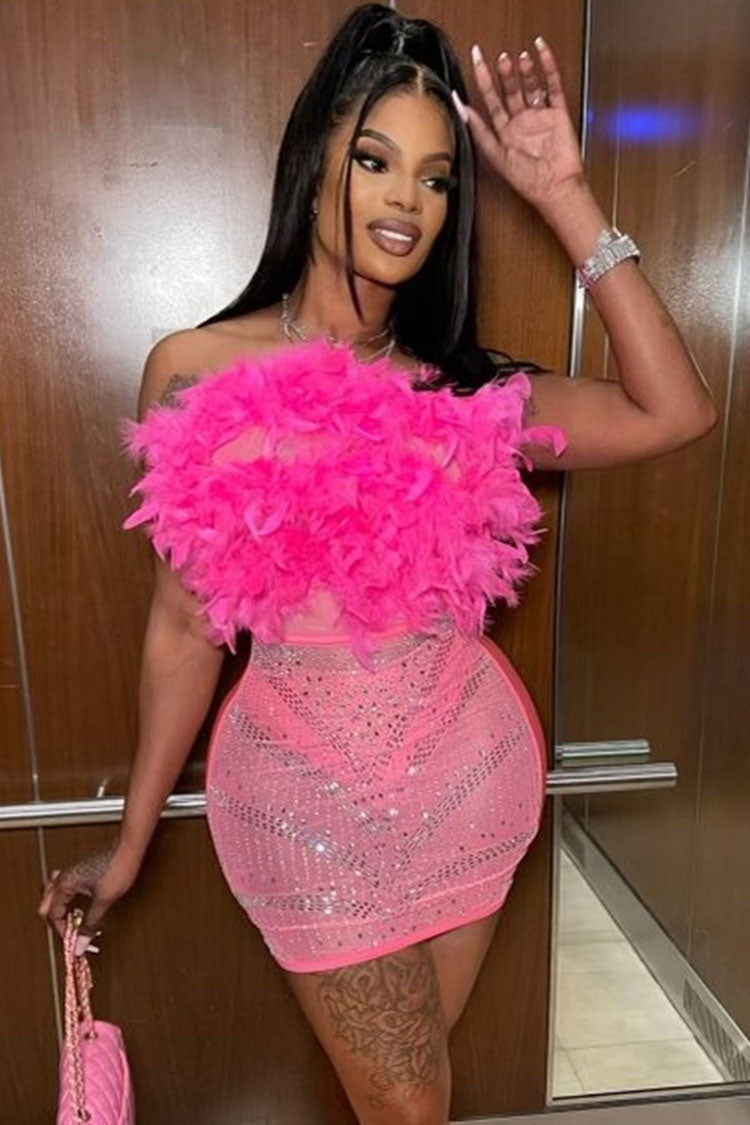 Feather Bust Strapless Rhinestone Mesh Panel Bodycon Mini Dress