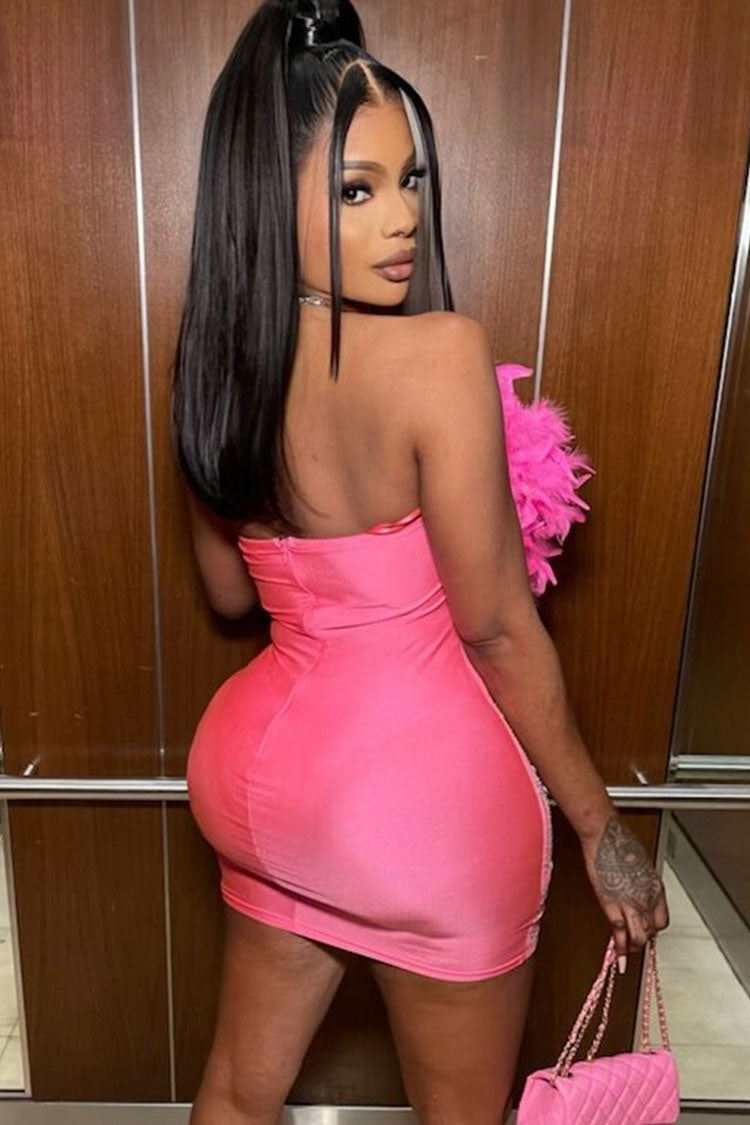 Feather Bust Strapless Rhinestone Mesh Panel Bodycon Mini Dress