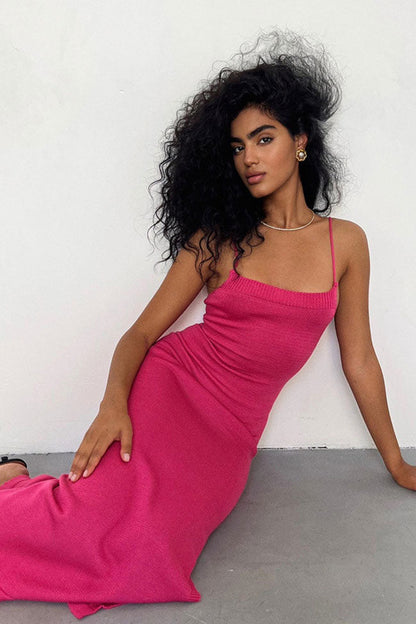 Rib Knit Square Neck Spaghetti Strap Bodycon Maxi Dress