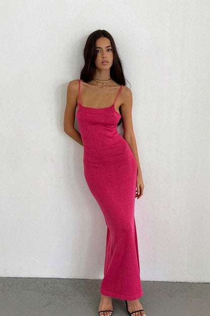 Rib Knit Square Neck Spaghetti Strap Bodycon Maxi Dress