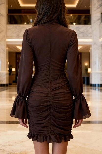 Sexy See-through Tulle High-neck Waist Pleated Ruffle Mini Dress
