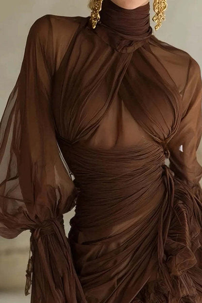 Sexy See-through Tulle High-neck Waist Pleated Ruffle Mini Dress