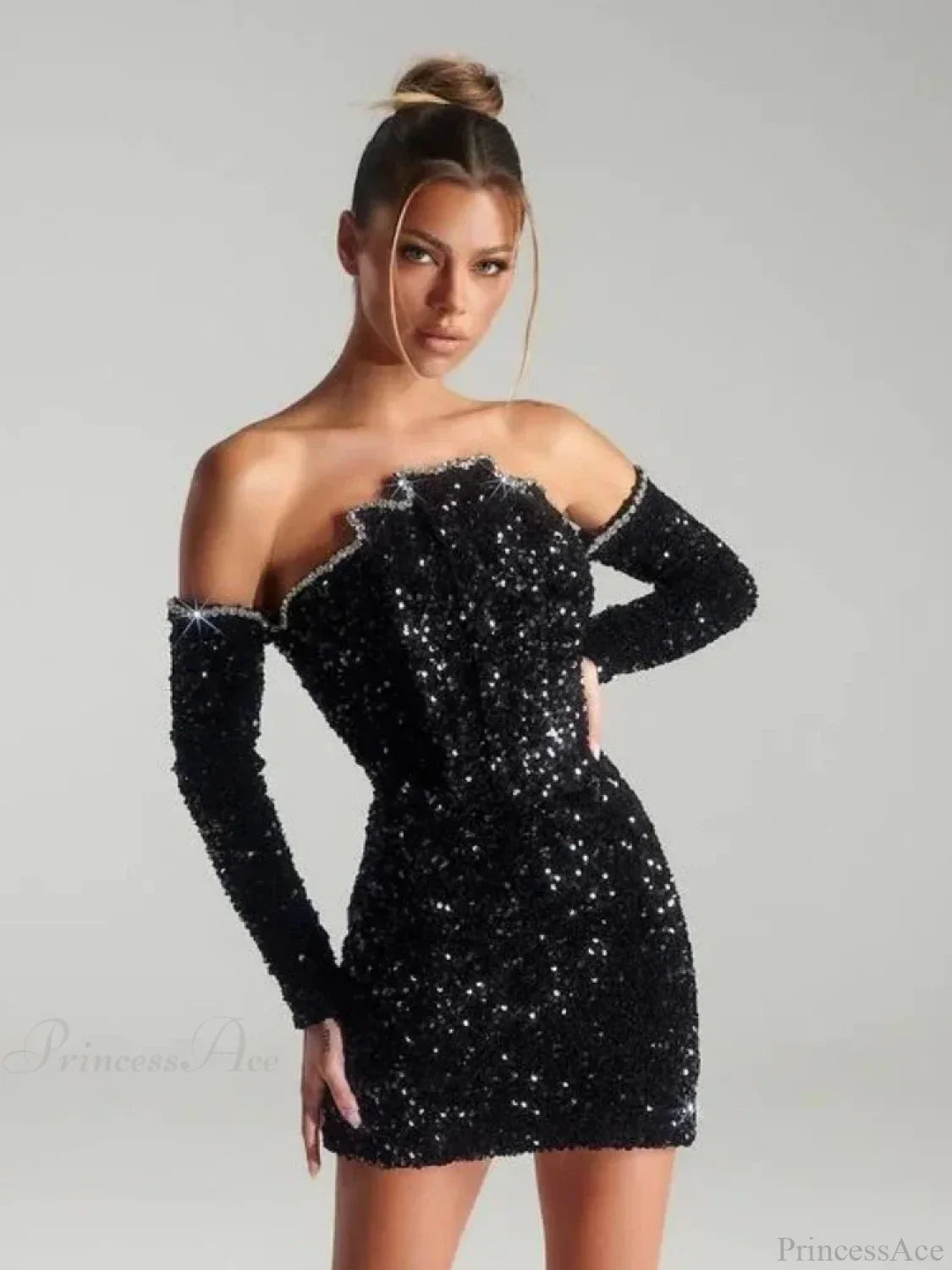 Sexy Slash Neck Long Sleeve Sparkling Sequins Dress Off Shoulder Party Dress