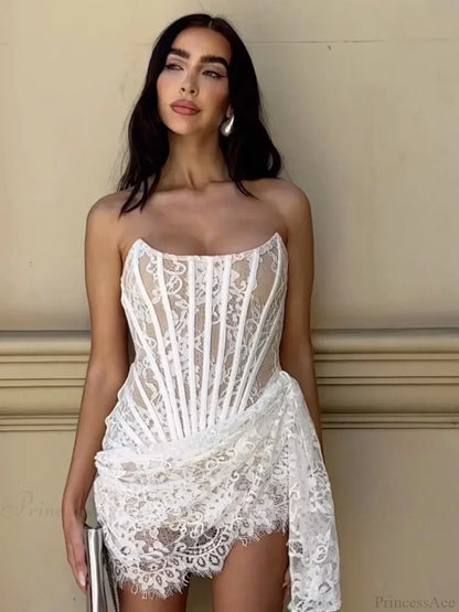Sexy Strapless Lace Corset Mini Dress Sleeveless Lace-up Draped Bodycon Party Dress