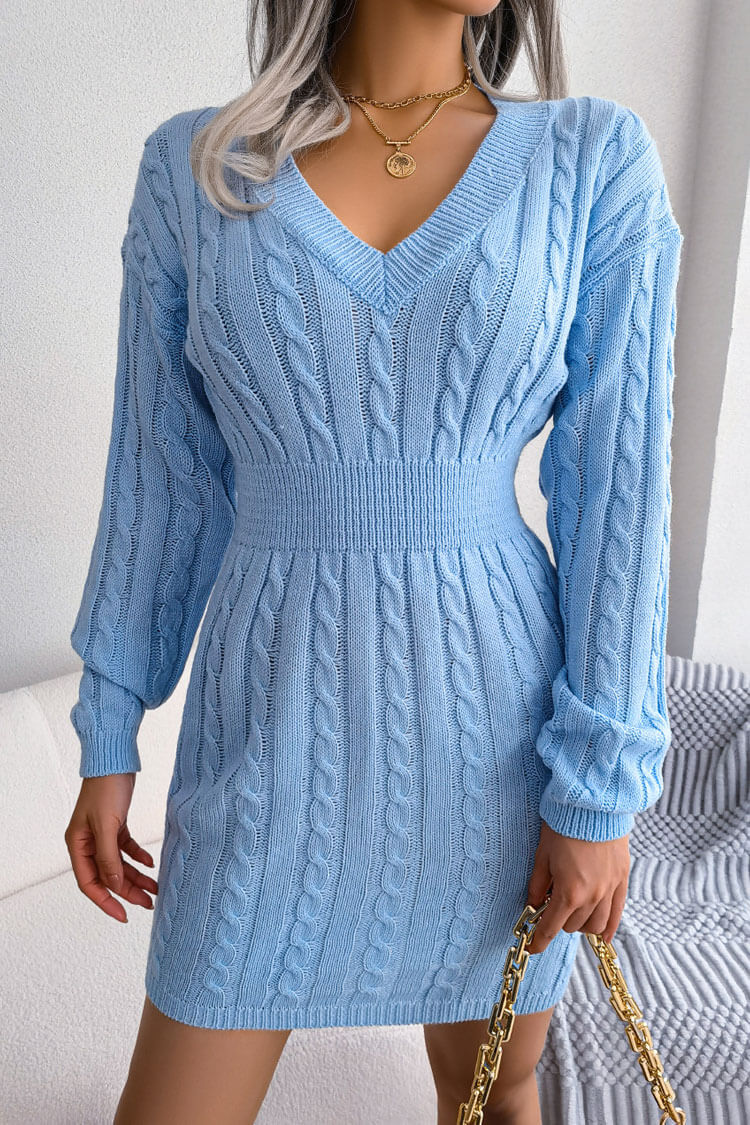 Deep V-Neck Cable Knit Rib Waist Bodycon Sweater Mini Dress