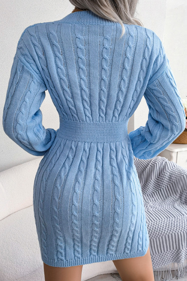 Deep V-Neck Cable Knit Rib Waist Bodycon Sweater Mini Dress