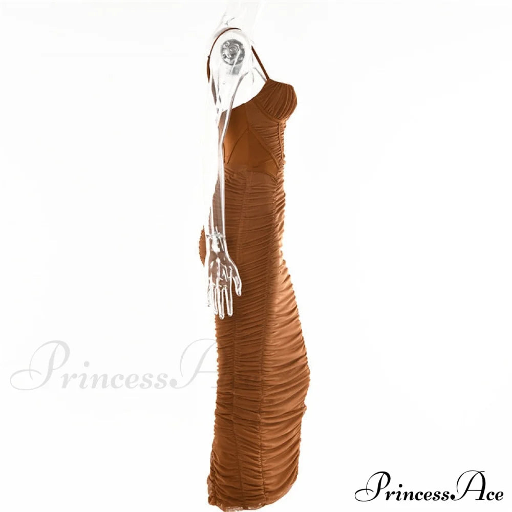 Sexy Warm-Season Strap Elegant Spaghetti Evening Woman Mesh Stretchy Party Gown Ruched Bodycon Long Full-Length Dress