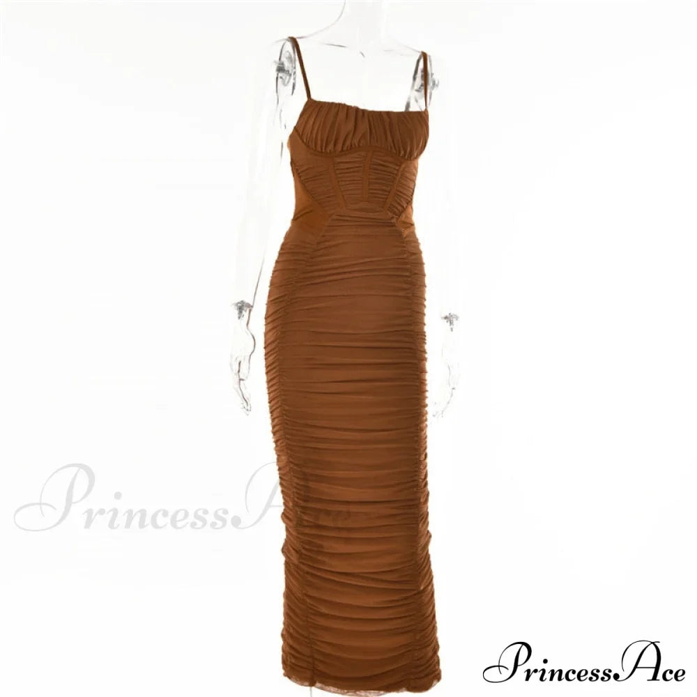 Sexy Warm-Season Strap Elegant Spaghetti Evening Woman Mesh Stretchy Party Gown Ruched Bodycon Long Full-Length Dress