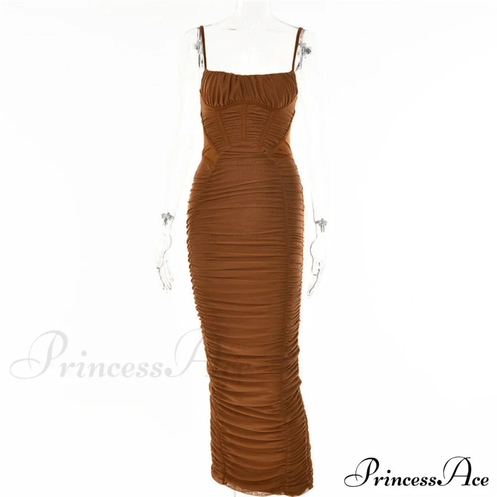 Sexy Warm-Season Strap Elegant Spaghetti Evening Woman Mesh Stretchy Party Gown Ruched Bodycon Long Full-Length Dress