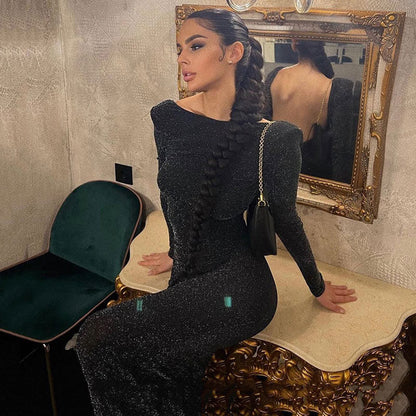 Black Shoulder Pad Long Sleeve Open Back Bodycon Midi Dress