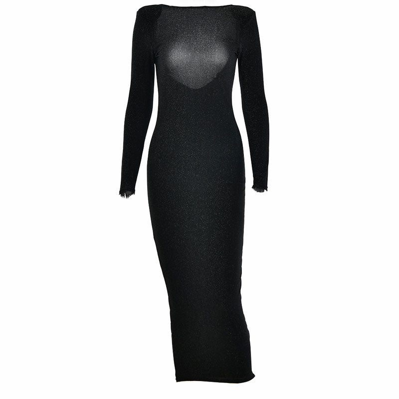 Black Shoulder Pad Long Sleeve Open Back Bodycon Midi Dress