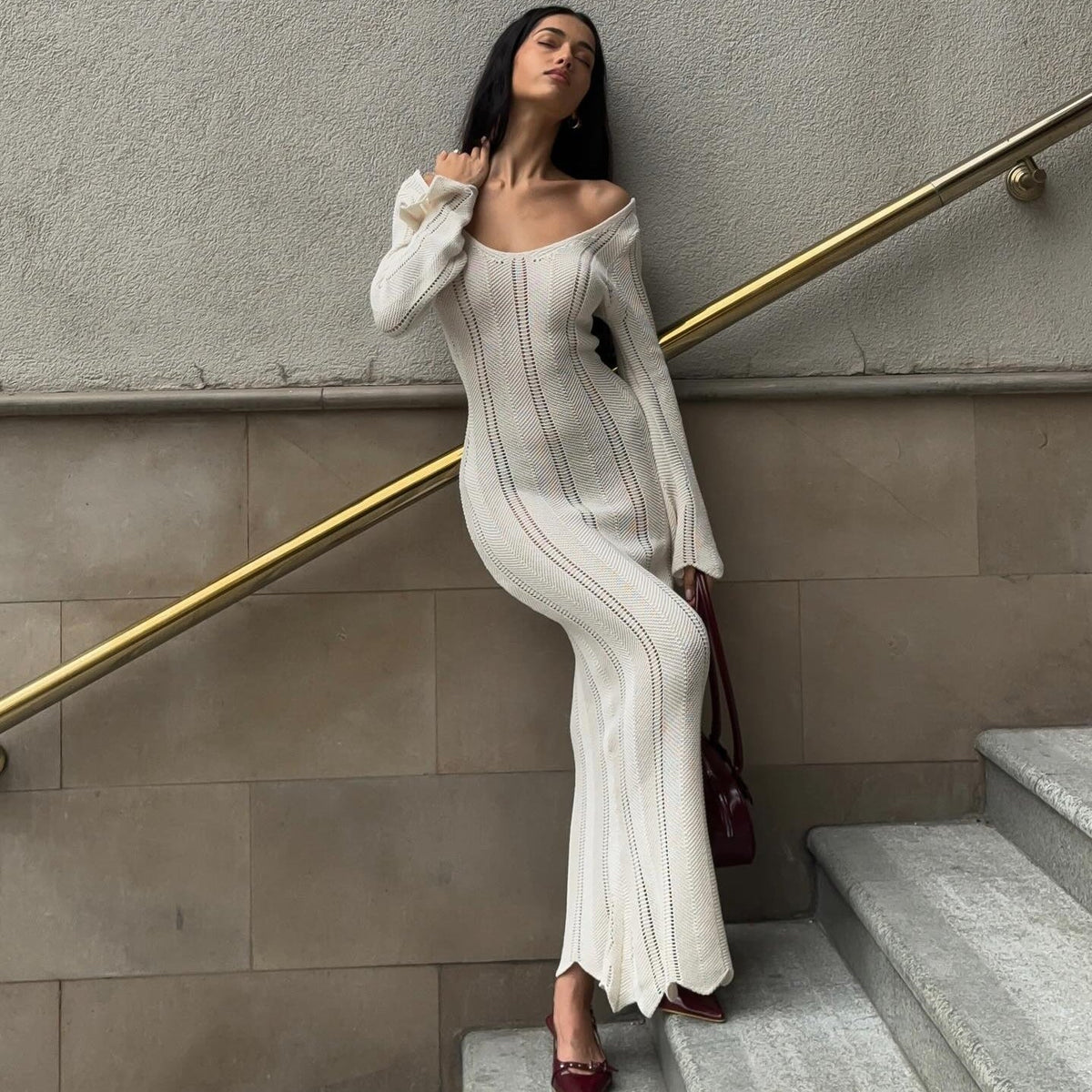 Scoop Neck Pointelle Chevron Knit Bell Sleeve Maxi Dress