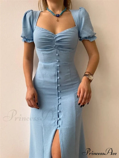 Slim Neck Slit Puff Midi Arm Casual V Party Black Women Elegant A-line Button Warm-Season Gown Dress