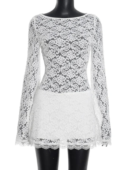 White Lace Boat Neck Bell Sleeve Scalloped Hem Bodycon Mini Dress