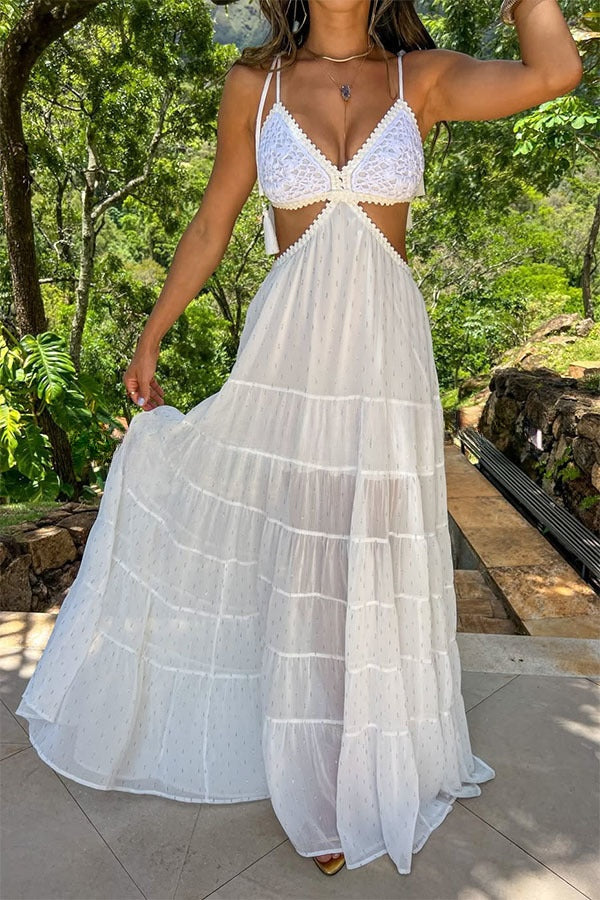 Soleil Crochet Tassel Shoulder Strap Cutout Waist Chiffon Polka Dot Vacation Maxi Dress