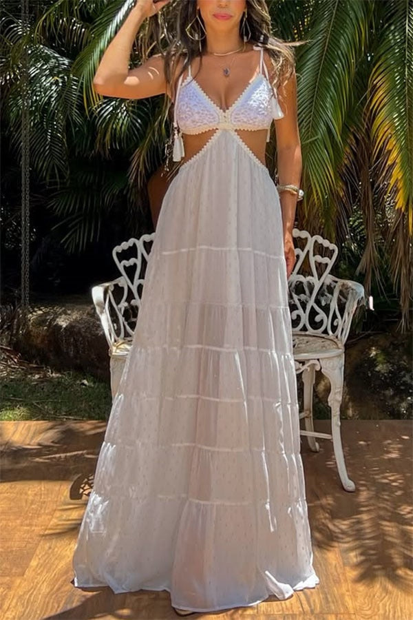 Soleil Crochet Tassel Shoulder Strap Cutout Waist Chiffon Polka Dot Vacation Maxi Dress