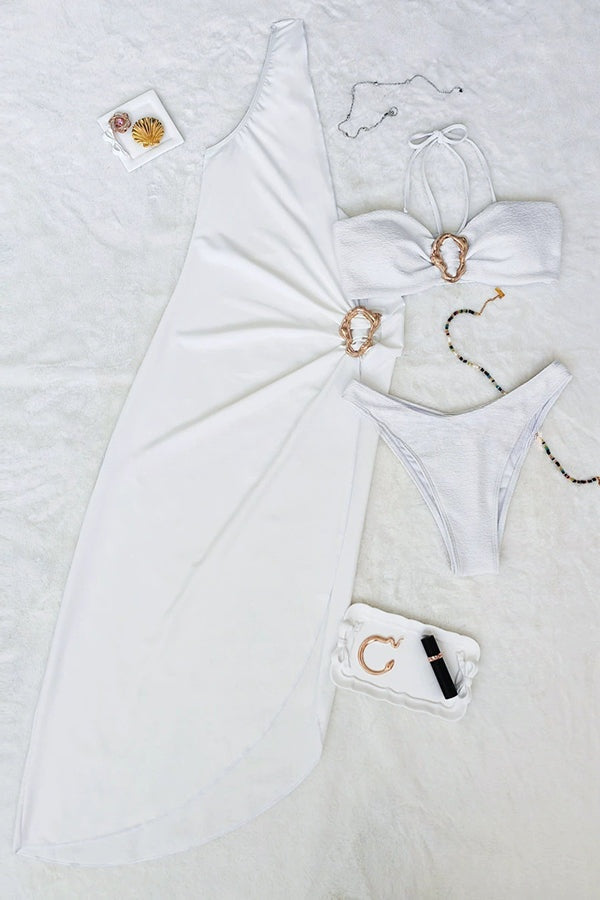 Solid Color Sexy Metallic Stretch Two Piece Bikini Swimsuit and One Shoulder Slim Cover Up Set