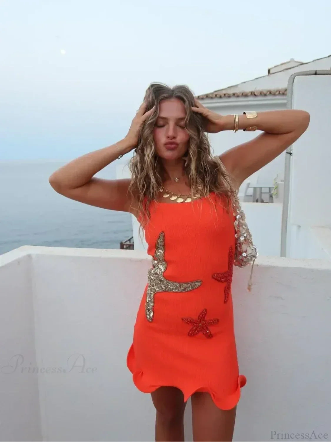 Starfish Appliqué Scoop Neck Ruched Scalloped Hem Bodycon Mini Dress