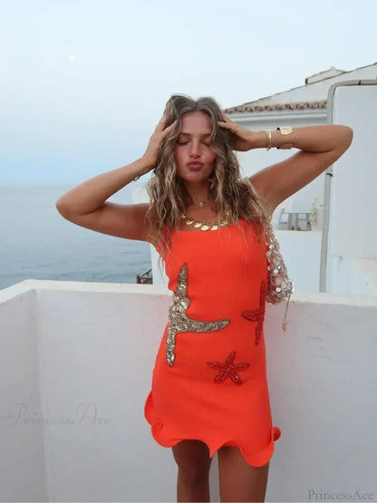 Starfish Appliqué Scoop Neck Ruched Scalloped Hem Bodycon Mini Dress