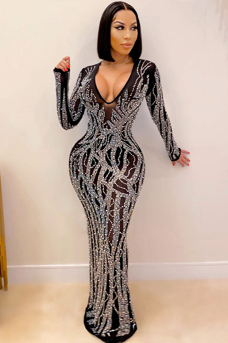 Rhinestone Flame Pattern Deep V Mesh Insert Long Sleeve Maxi Gown