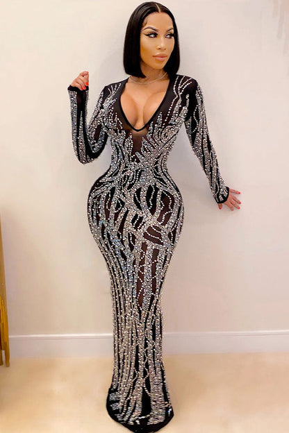 Rhinestone Flame Pattern Deep V Mesh Insert Long Sleeve Maxi Gown