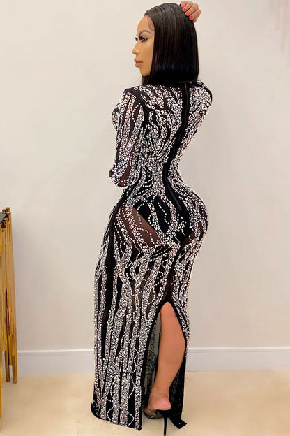 Rhinestone Flame Pattern Deep V Mesh Insert Long Sleeve Maxi Gown