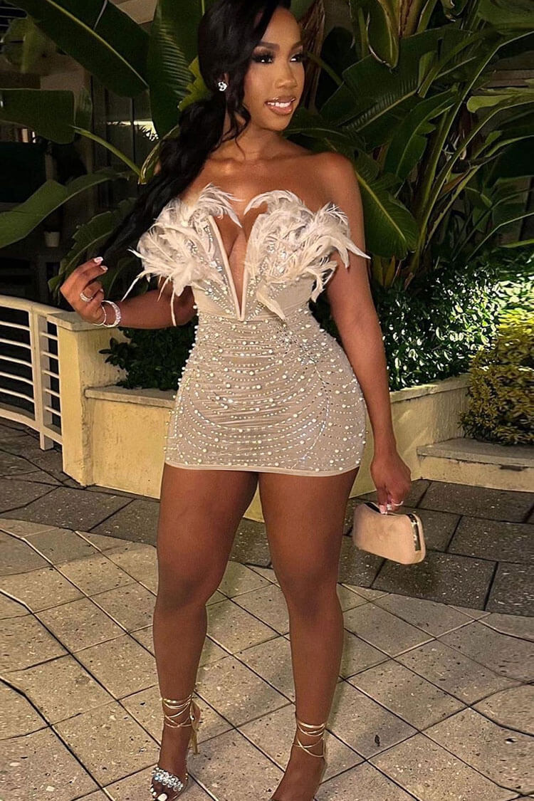 Feather Trim Deep V-Neck Rhinestone Mesh Strapless Party Mini Dress