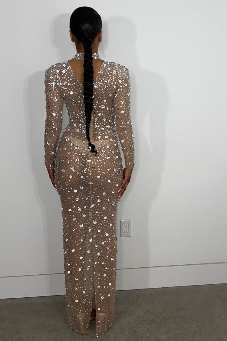Rhinestone Embellished Mock Neck Keyhole Sheer Mesh Long Sleeve Maxi Dress
