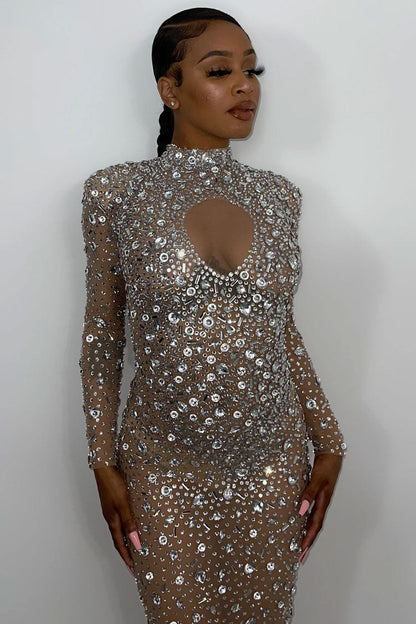 Rhinestone Embellished Mock Neck Keyhole Sheer Mesh Long Sleeve Maxi Dress