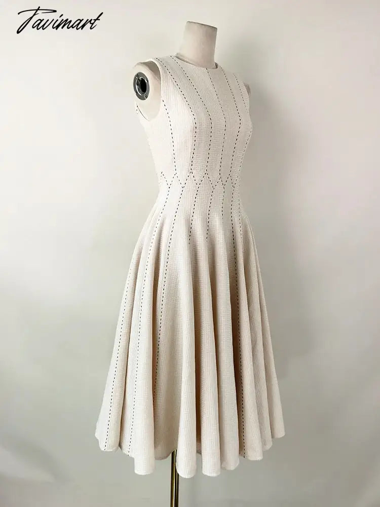 Spring Autumn Dresses Woman Round Neck Sleeveless Striped Woolen Elegant Vestidos De Fiesta