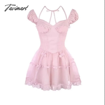 Spring Elegant Midi Dress Women Casual Lace One Piece Dress Korean Sweet Dress Party Puff Sleeve
