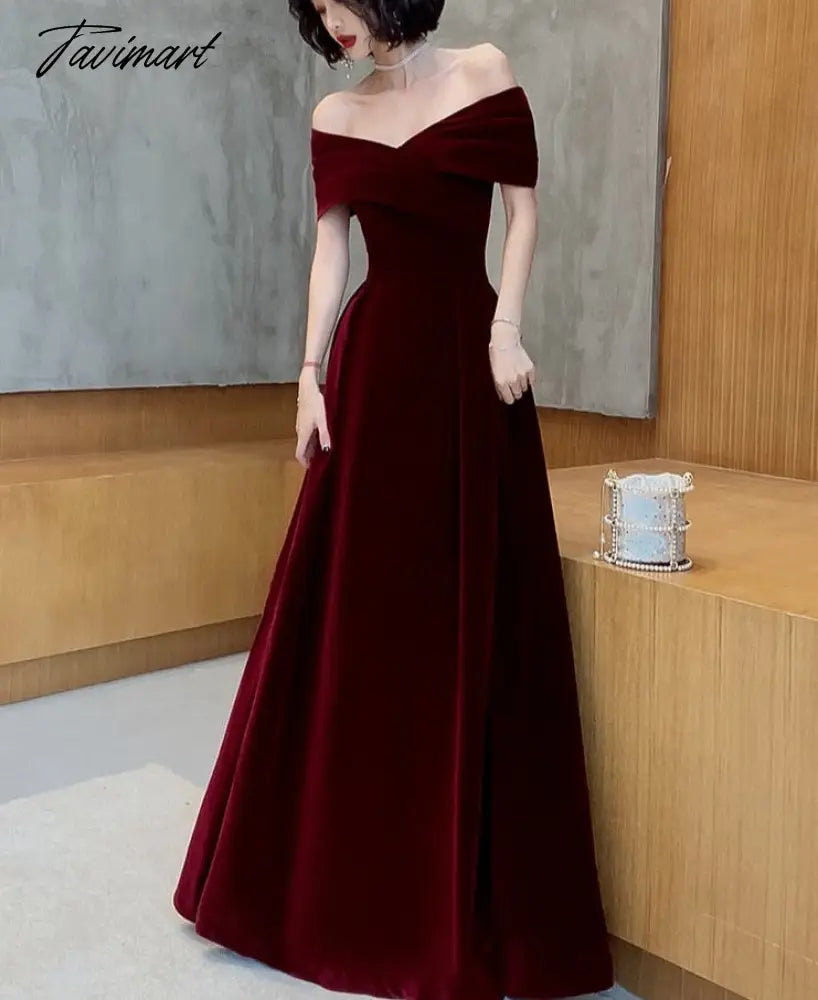 Spring Long Luxury Elegant Wine Red Soft Velvet Evening Party Wedding Dresses for Women Off Shoulder Maxi Dress