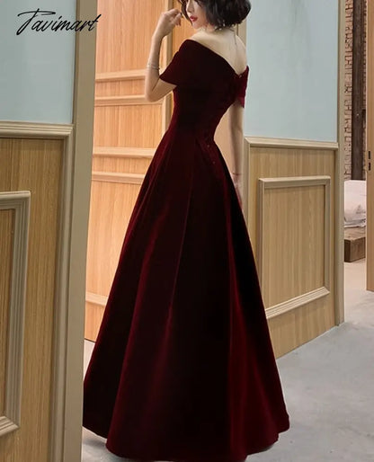 Spring Long Luxury Elegant Wine Red Soft Velvet Evening Party Wedding Dresses for Women Off Shoulder Maxi Dress