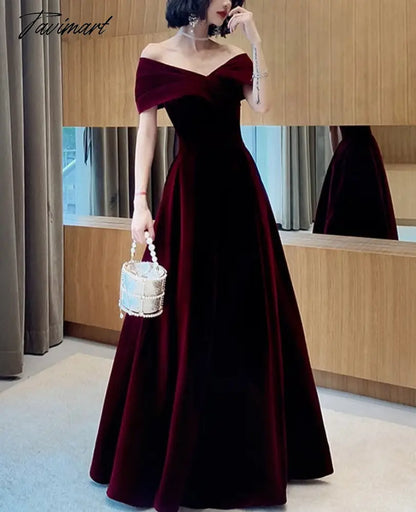Spring Long Luxury Elegant Wine Red Soft Velvet Evening Party Wedding Dresses for Women Off Shoulder Maxi Dress