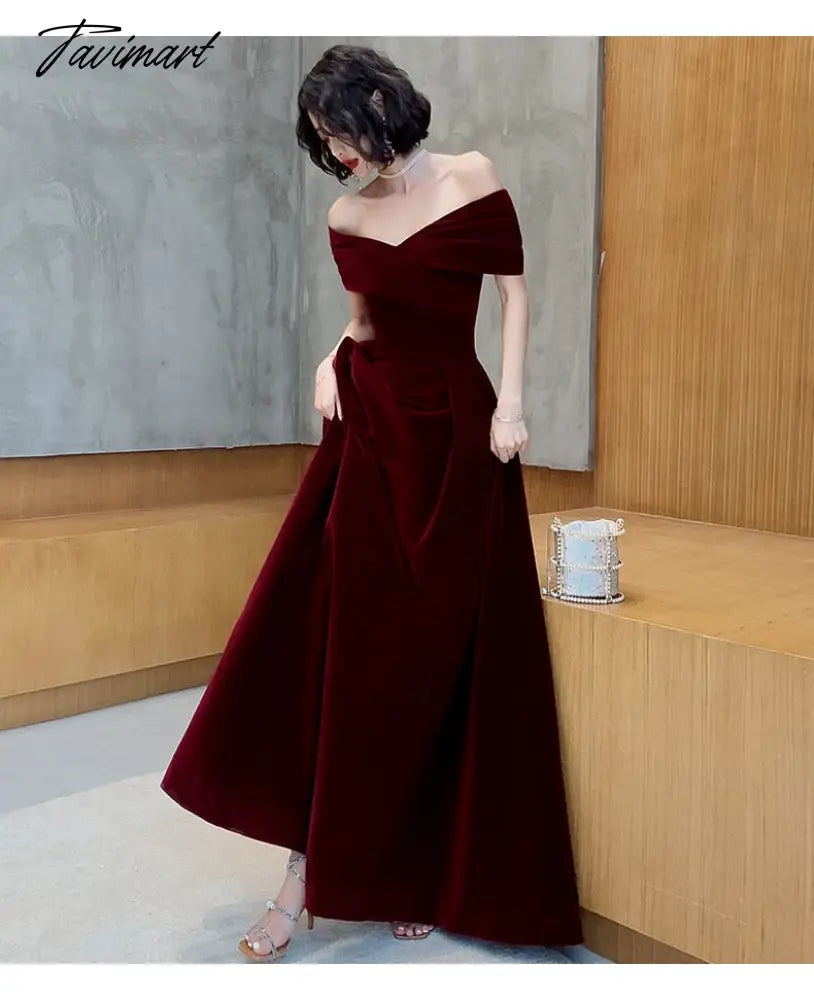 Spring Long Luxury Elegant Wine Red Soft Velvet Evening Party Wedding Dresses for Women Off Shoulder Maxi Dress