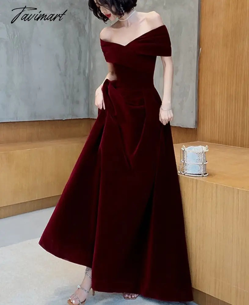 Spring Long Luxury Elegant Wine Red Soft Velvet Evening Party Wedding Dresses for Women Off Shoulder Maxi Dress