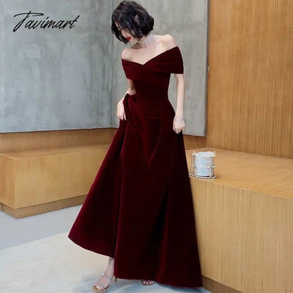 Spring Long Luxury Elegant Wine Red Soft Velvet Evening Party Wedding Dresses for Women Off Shoulder Maxi Dress