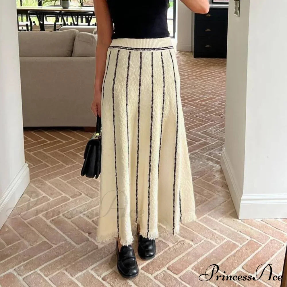 Striped Casual Vintage Elastic Waist Tassel Skirt